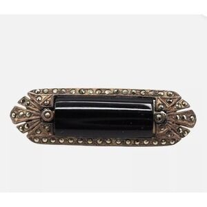 Onyx Marcasite Sterling Silver Brooch .925 Vintage Fashion